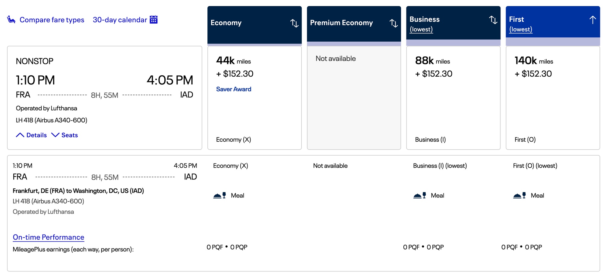 United Airlines Website Showing Lufthansa Award Availability