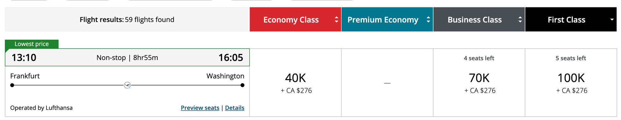 AirCanada's website showing Lufthansa Award Availability in almost all Classes