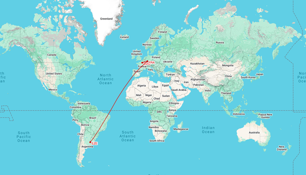 Map Plotting Flight from Paris to Frankfurt to Buenos Aires