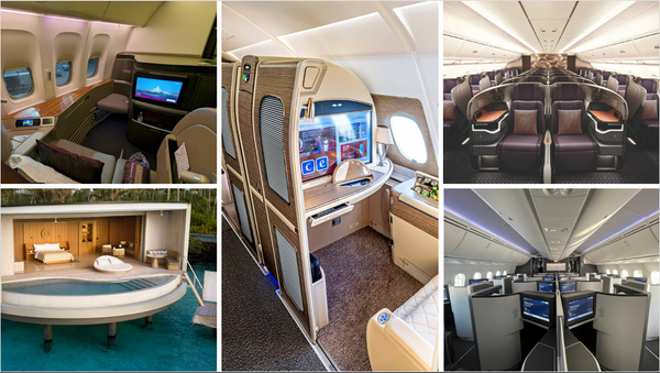 Qatar Airlines First, Singapore Airlines Business Class, Emirates First Class, British Airways Business Class, Ritz Carlton 