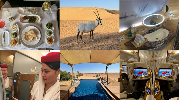 Emirates First Class Cabin and Al-Maha Luxury Collection All-Inclusive Resort outside of Dubai